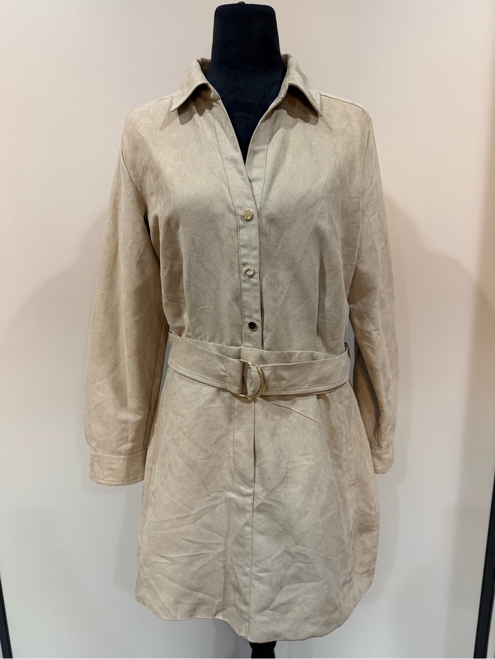 ZARA Faux Suede Belted Long Sleeve Shirt Dress Tan Beige - Large